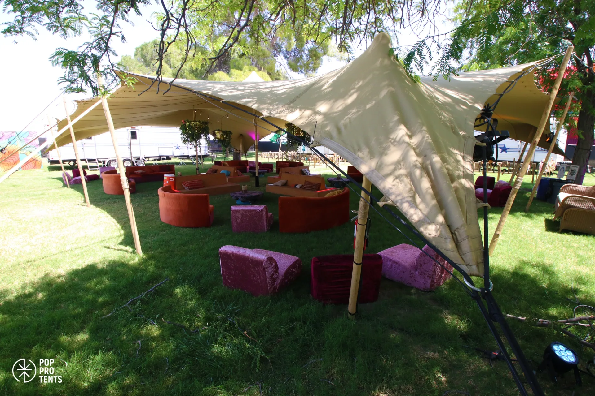 Cocktail party under stretch tent at dusk