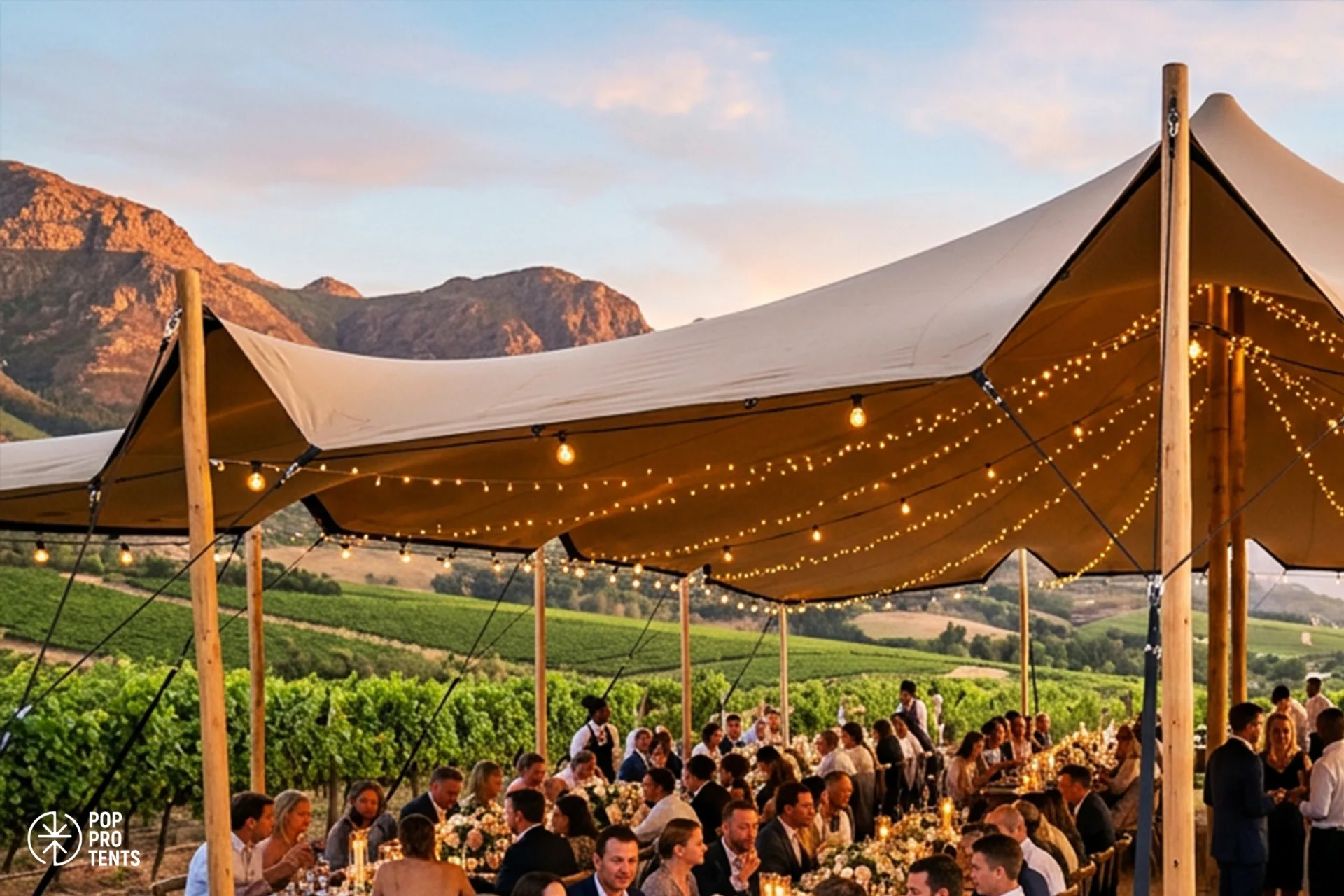 Wedding dance floor under lit stretch tent