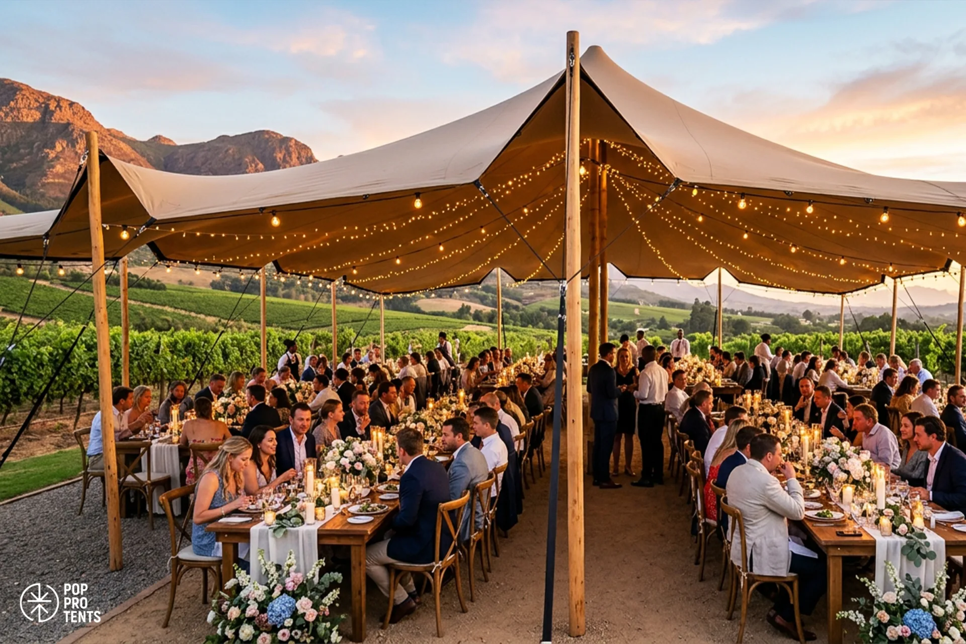 Wedding sweetheart table under floral arch and stretch tent
