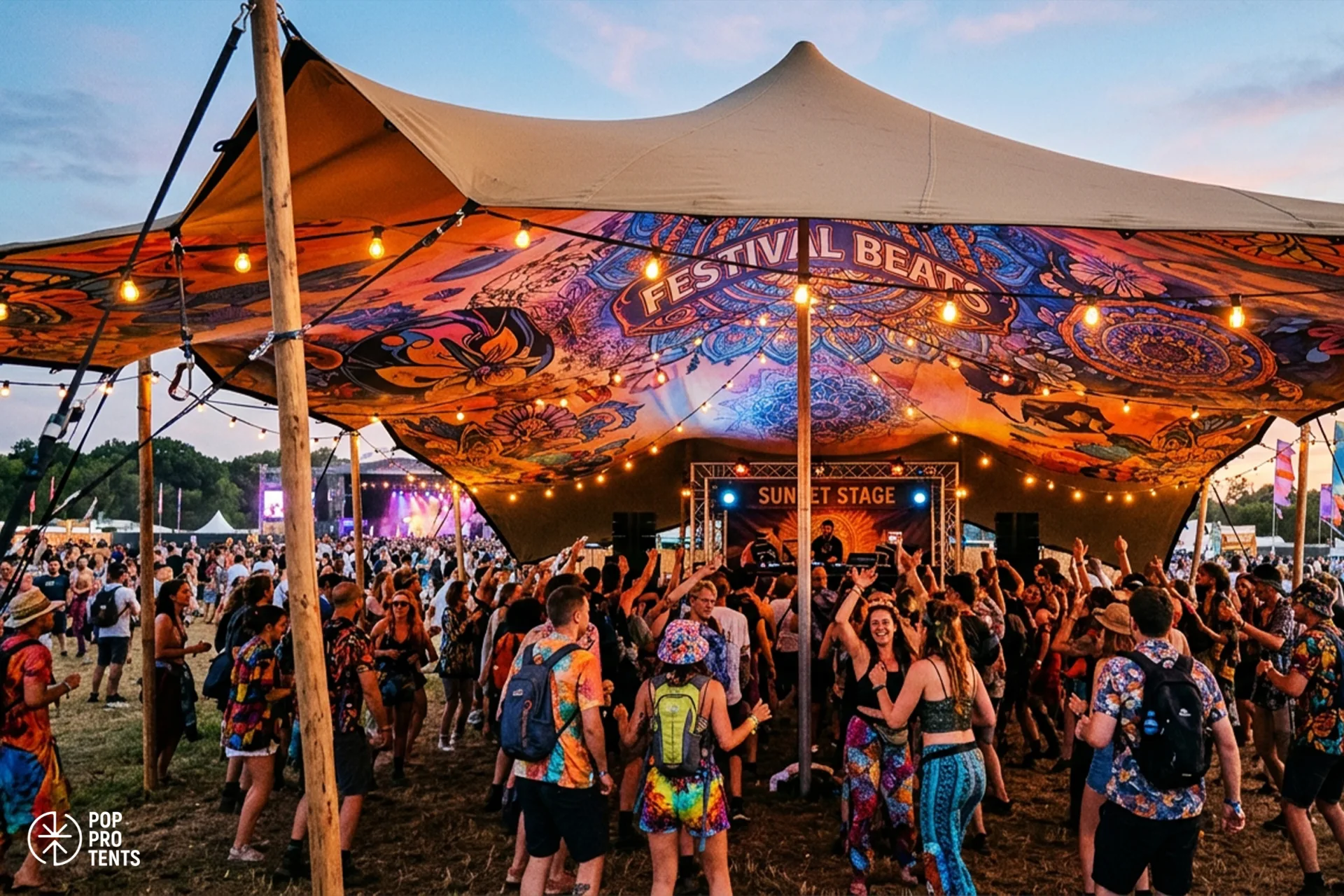 Stretch tent with a custom-printed geometric skin