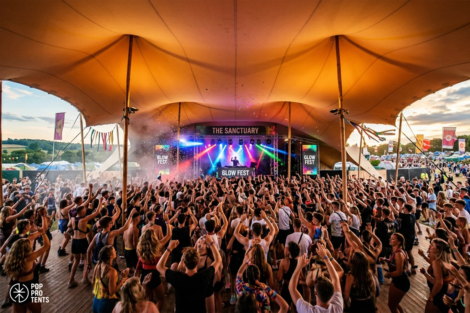 Stretch tent at festival performance stage area